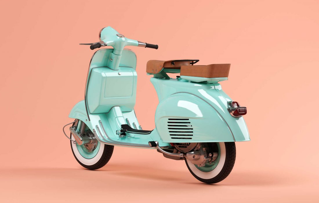 Blue scooter on pink background 3D illustration